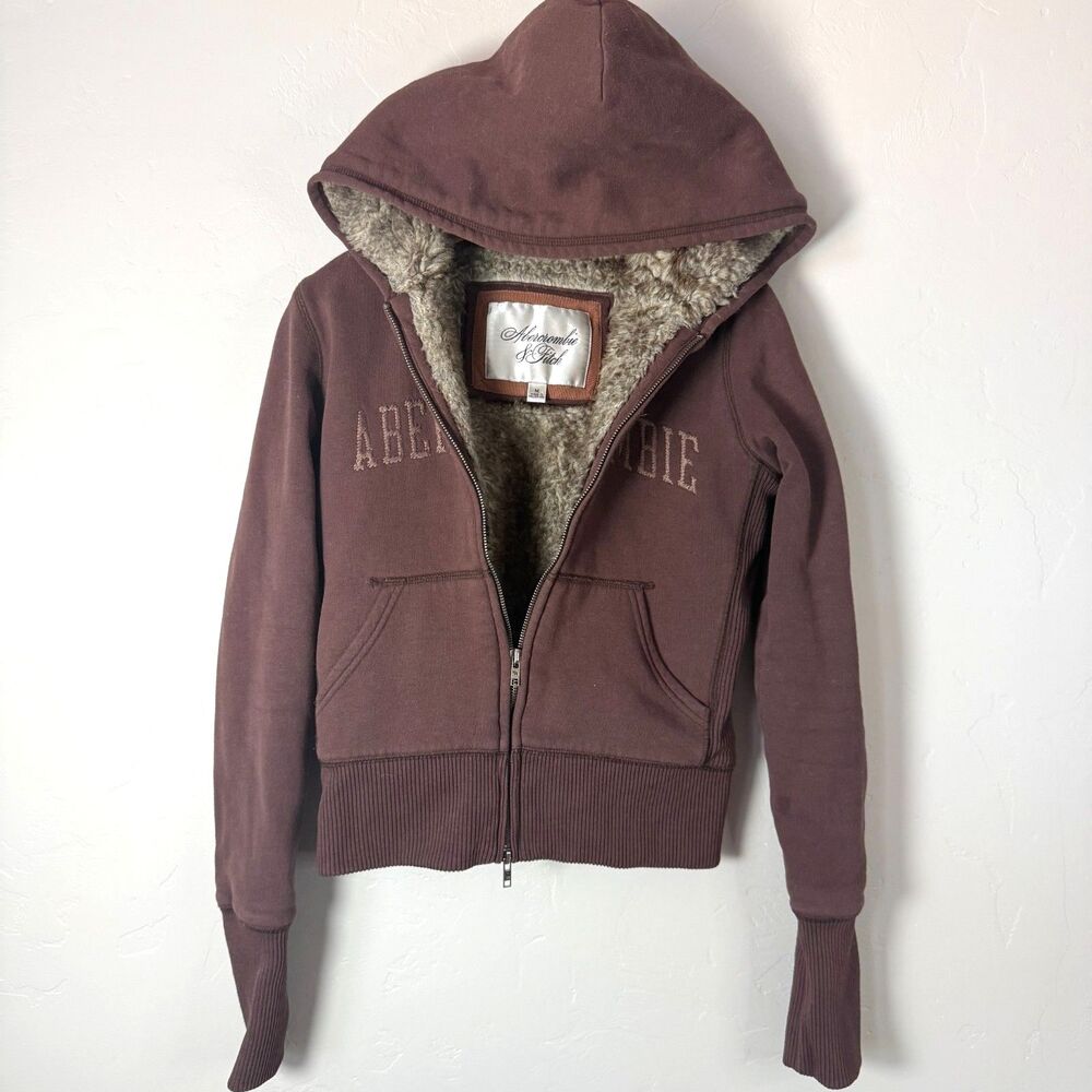 VTG Abercrombie & Fitch Brown Sherpa Lined Full Zip Hoodie Jacket Y2K Furry M
